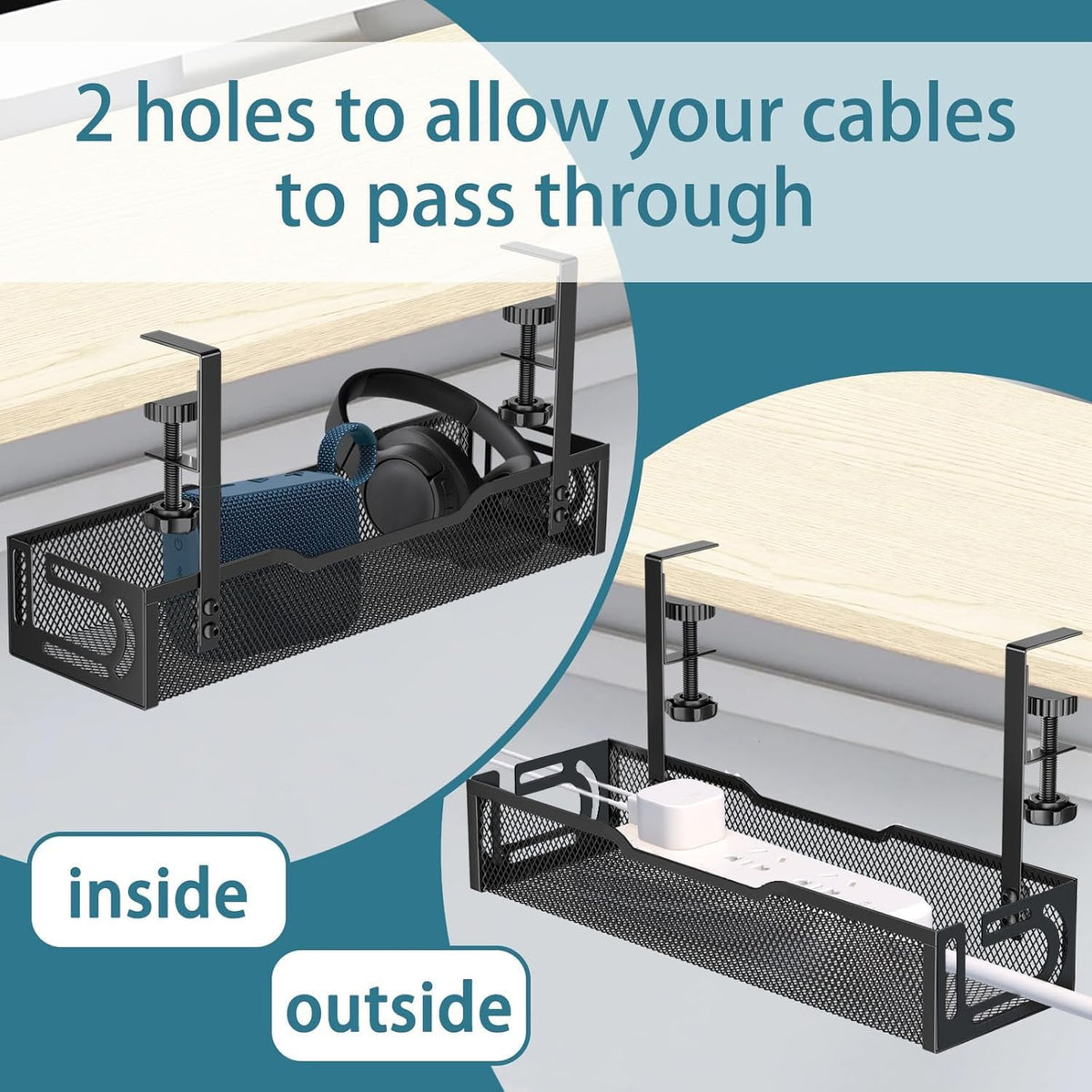 Under Desk Cable Management Tray, No Drill Mesh Desk Cable Tray, Wire Management Tray Cable Management Rack, Wire Organizer and Cable Management Box (Black)
