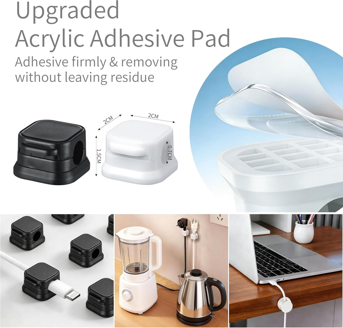 12 Pack Cable Clips (10 Pcs Square Cord Holder 2 Pcs Circular and Rotatable Cord Clips) Suitable for Office Desks Home Desks, Telephones, Vehicles, Walls, Tabletops and Bedside Tables，Black and White