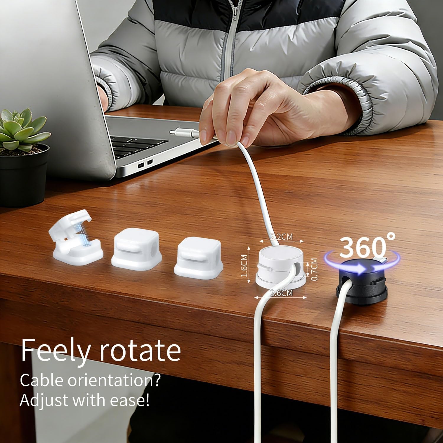 12 Pack Cable Clips (10 Pcs Square Cord Holder 2 Pcs Circular and Rotatable Cord Clips) Suitable for Office Desks Home Desks, Telephones, Vehicles, Walls, Tabletops and Bedside Tables，Black and White